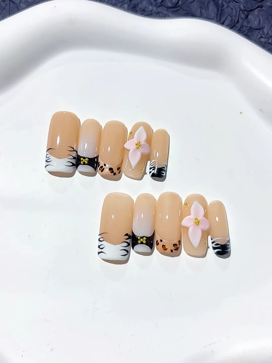 Nude White Black French tip Flower Animal Print press on nails close up