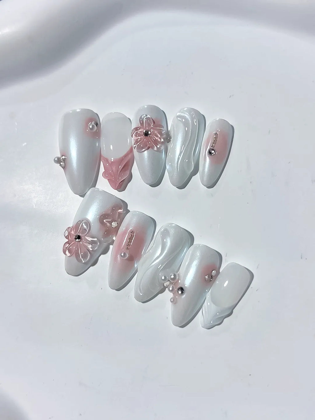 White Pink Holographic Flower Rhinestone press on nails close up