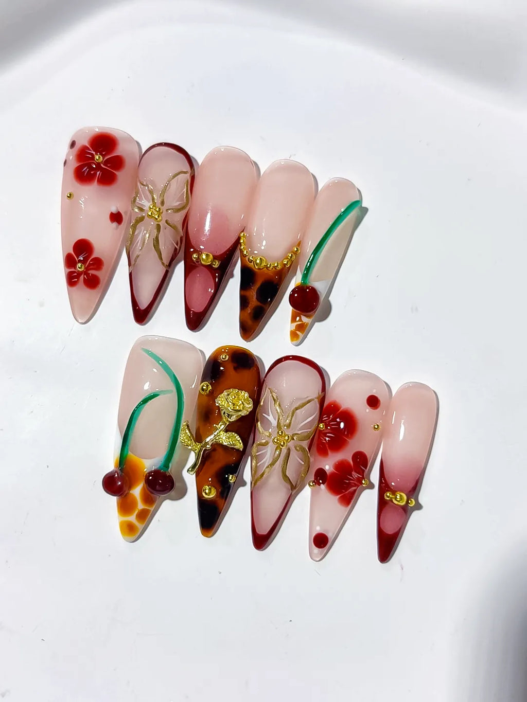 Nude Red Brown White Abstract Cherry Flower Metallic Rose press on nails detail view