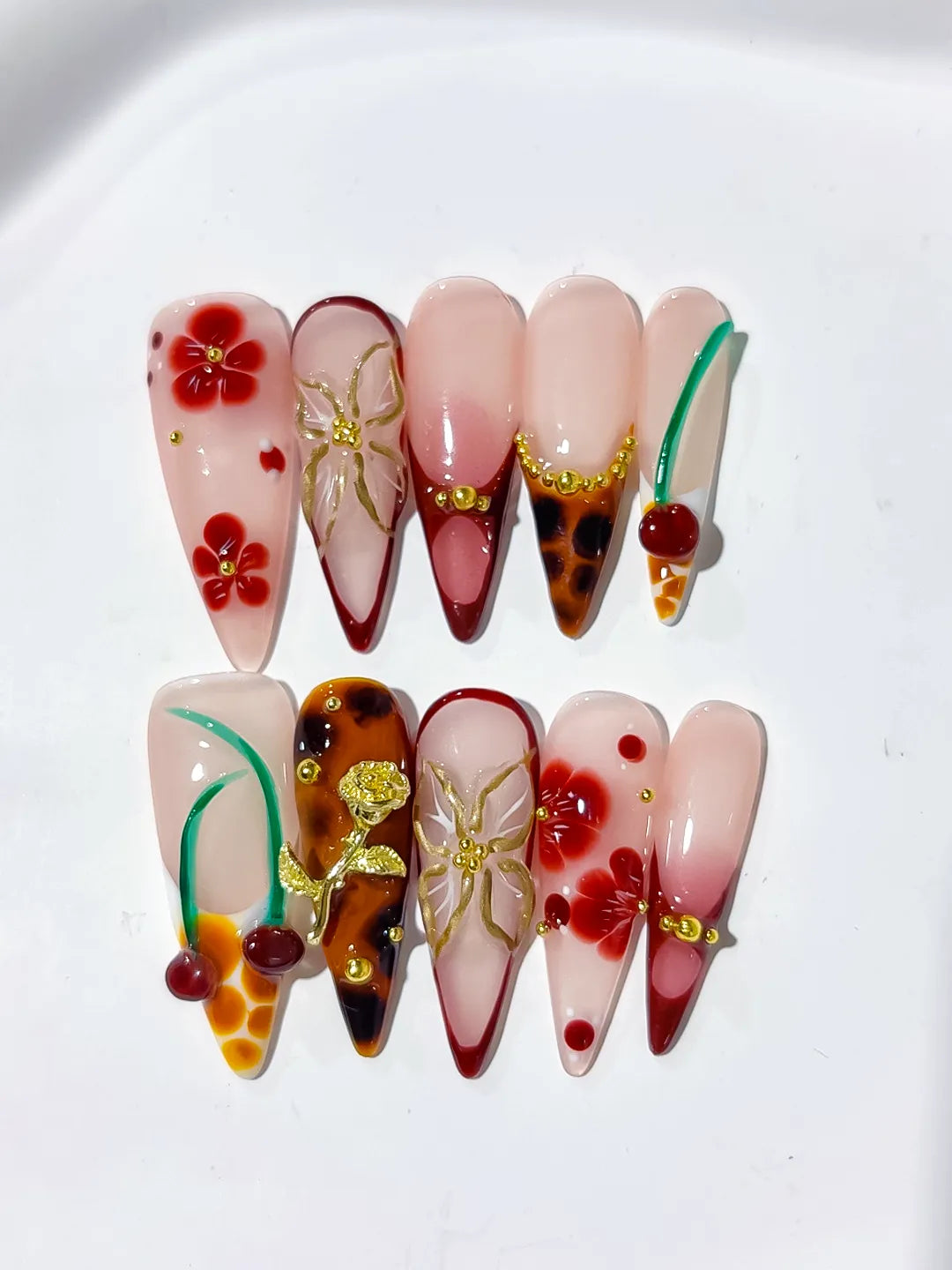 Nude Red Brown White Abstract Cherry Flower Metallic Rose press on nails detail view