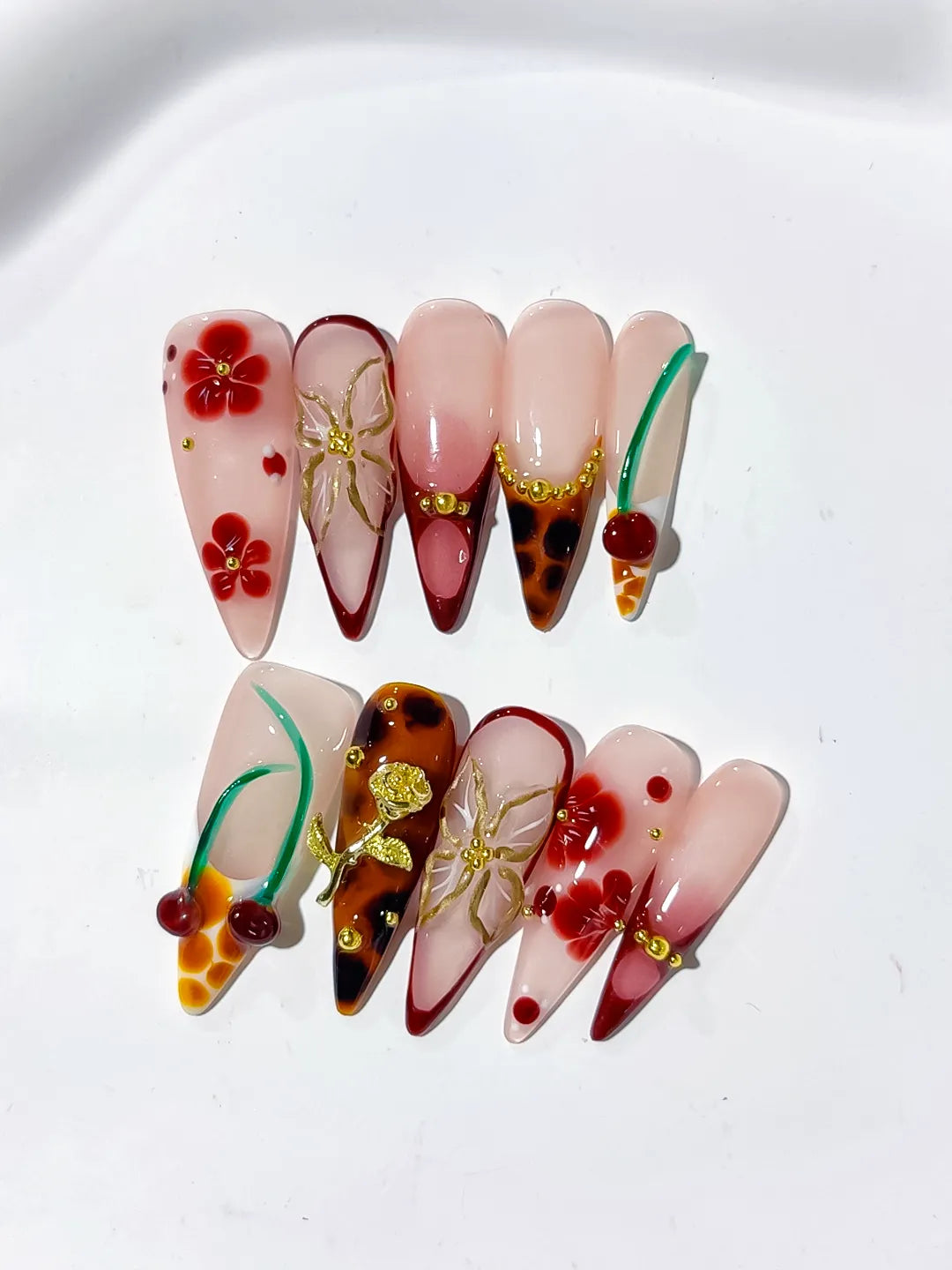 Nude Red Brown White Abstract Cherry Flower Metallic Rose press on nails detail view