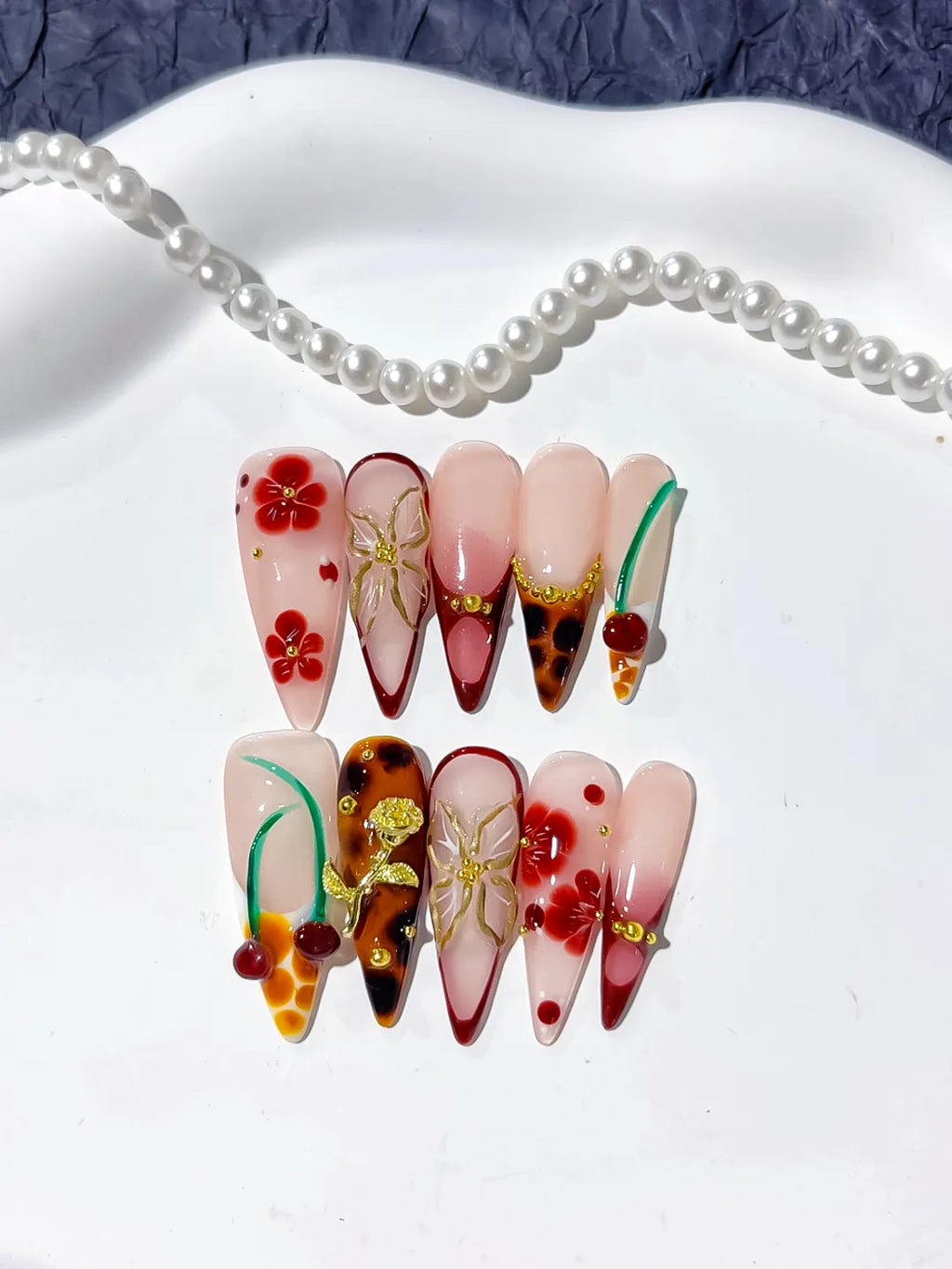 Nude Red Brown White Abstract Cherry Flower Metallic Rose press on nails close up