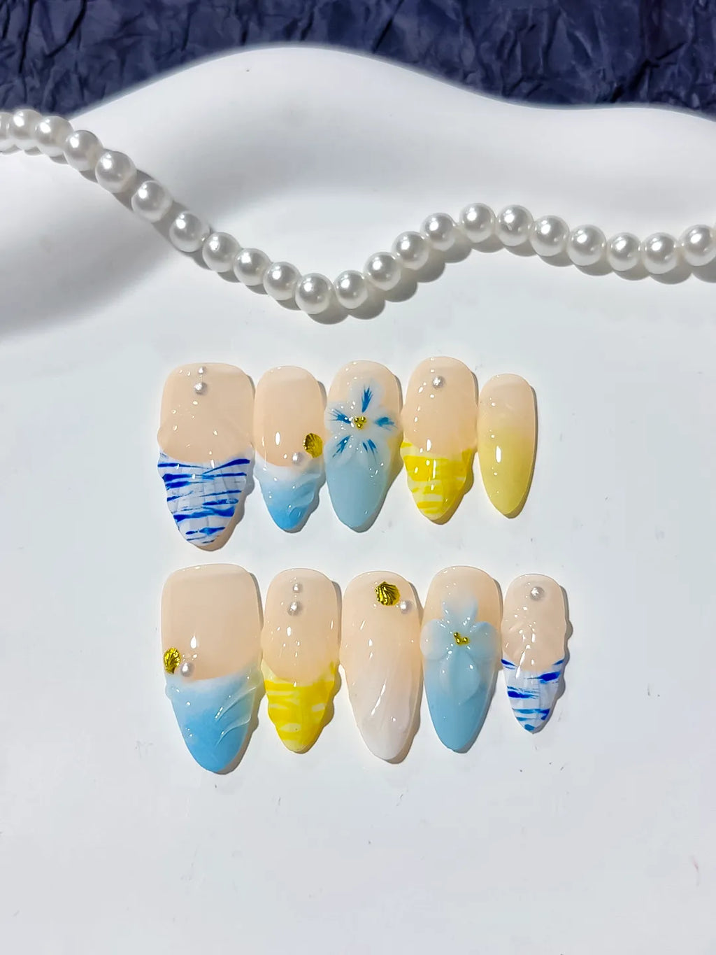 Nude Blue Yellow French tip Flower Grid Pattern press on nails detail view