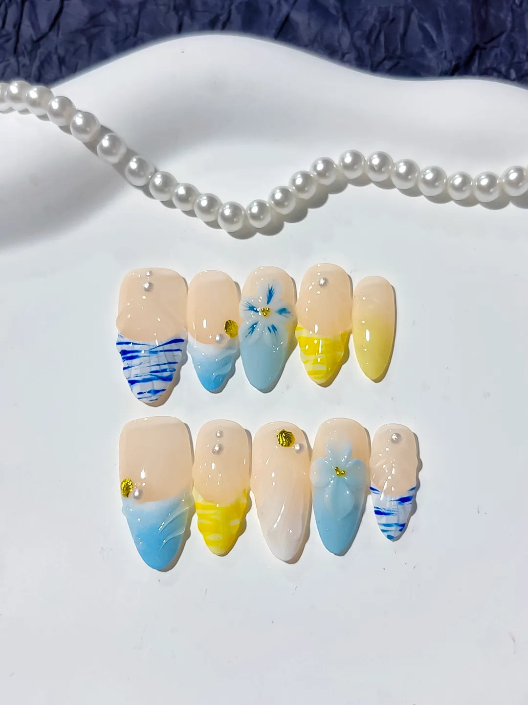 Nude Blue Yellow French tip Flower Grid Pattern press on nails detail view