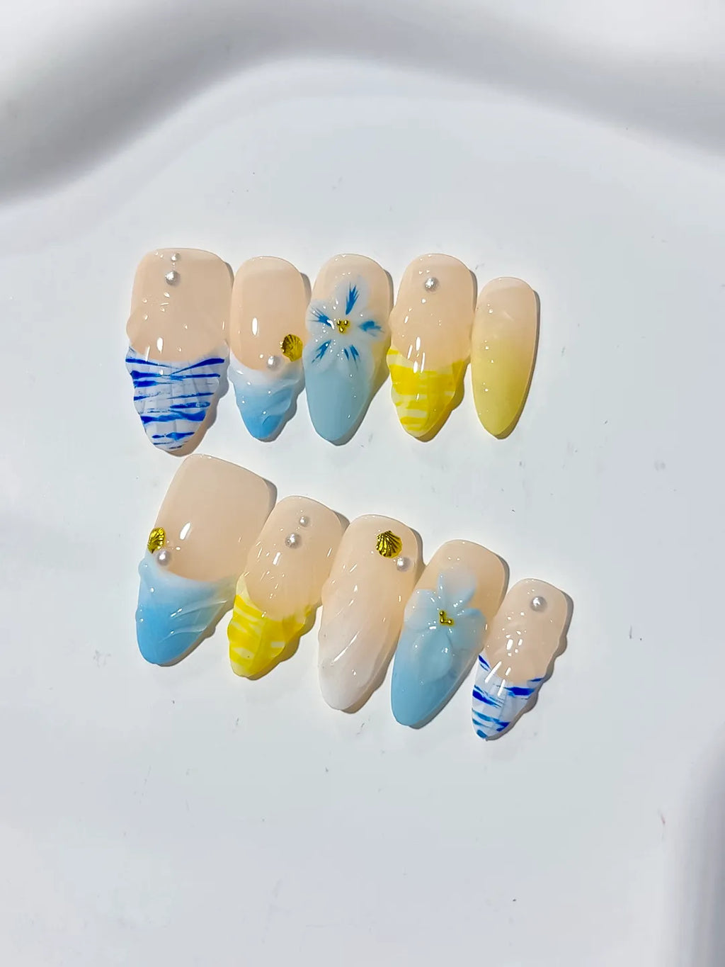 Nude Blue Yellow French tip Flower Grid Pattern press on nails detail view
