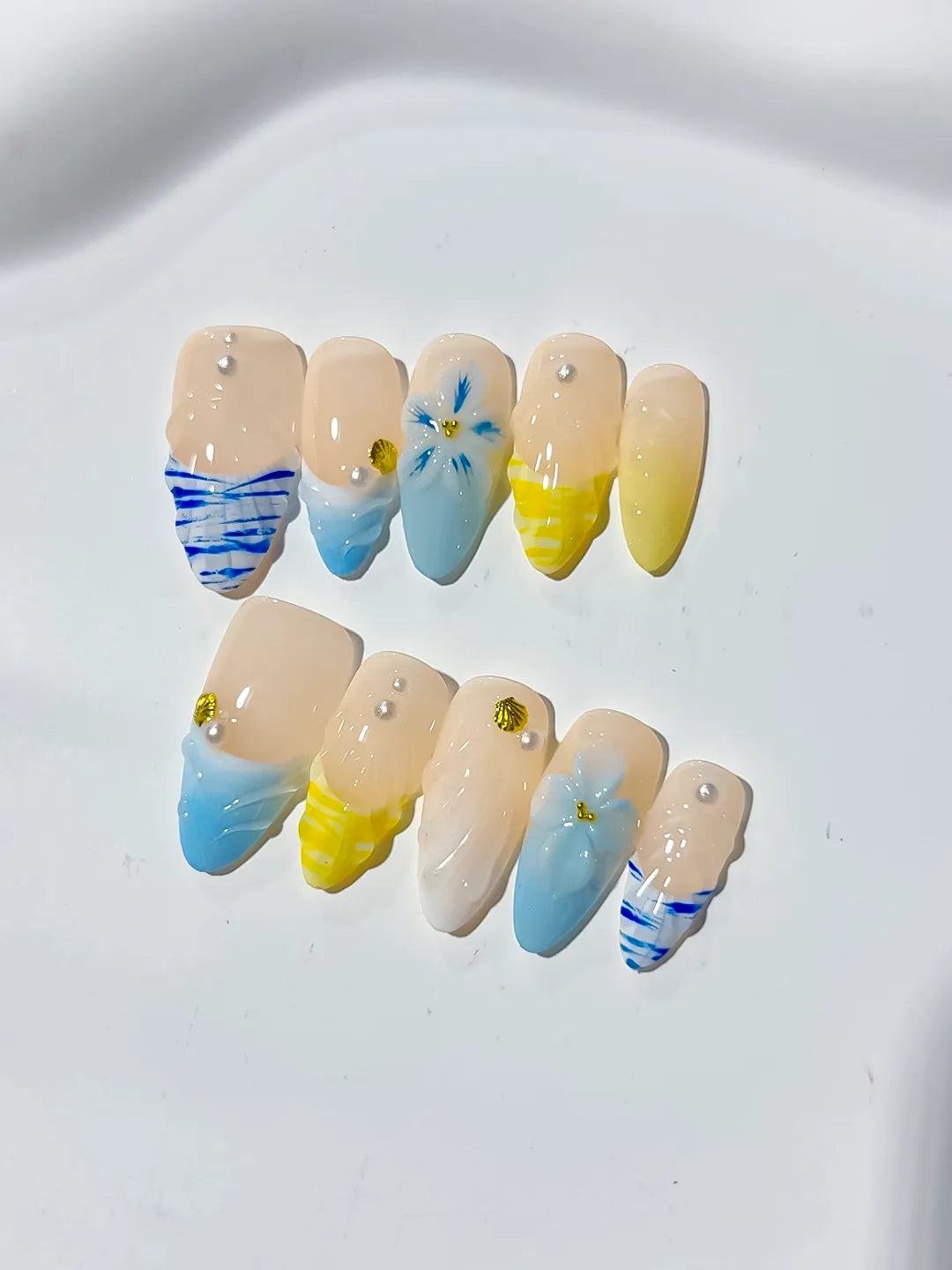 Nude Blue Yellow French tip Flower Grid Pattern press on nails detail view
