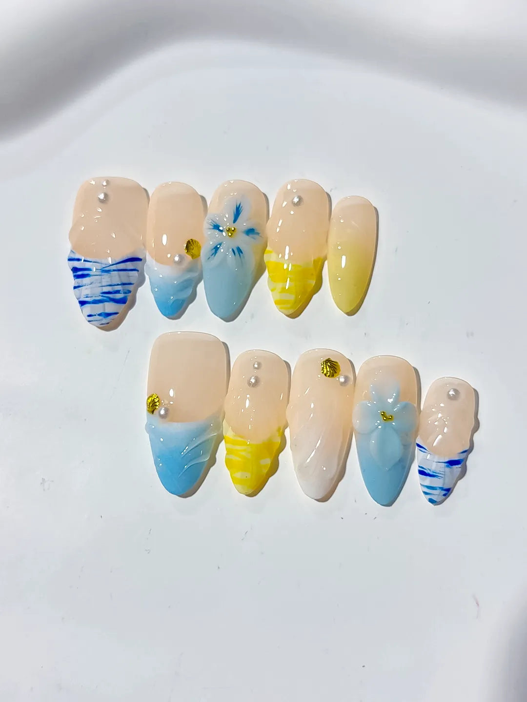 Nude Blue Yellow French tip Flower Grid Pattern press on nails detail view
