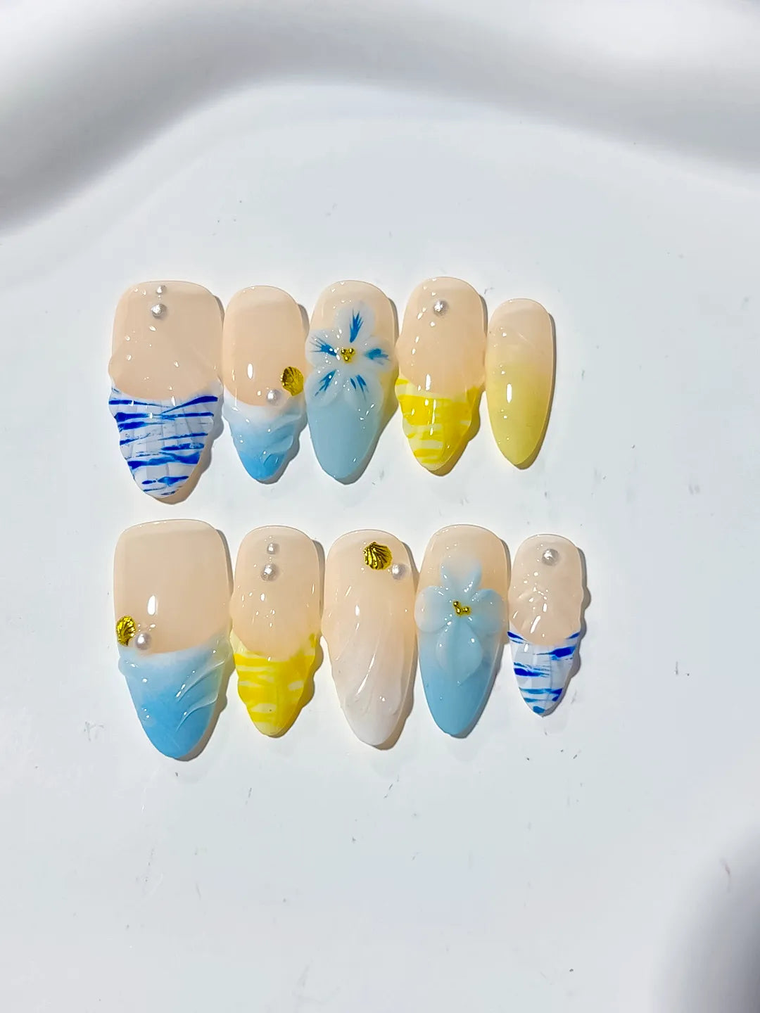 Nude Blue Yellow French tip Flower Grid Pattern press on nails close up