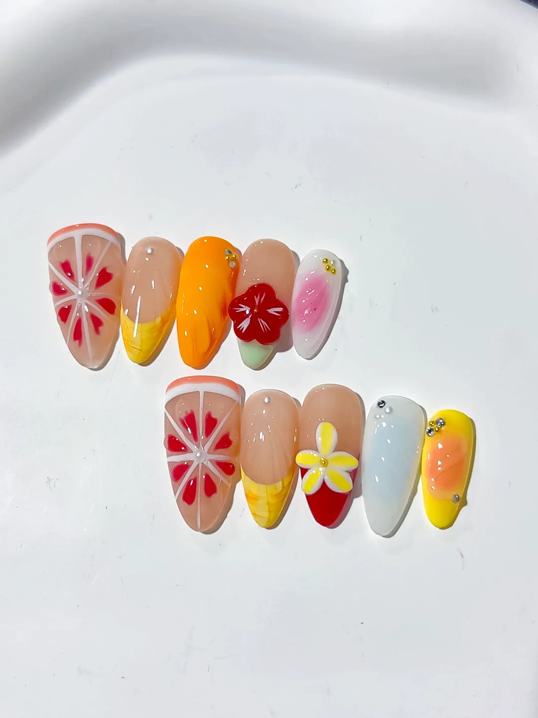 Nude Orange Pink Yellow Blue Abstract Flower Citrus press on nails detail view
