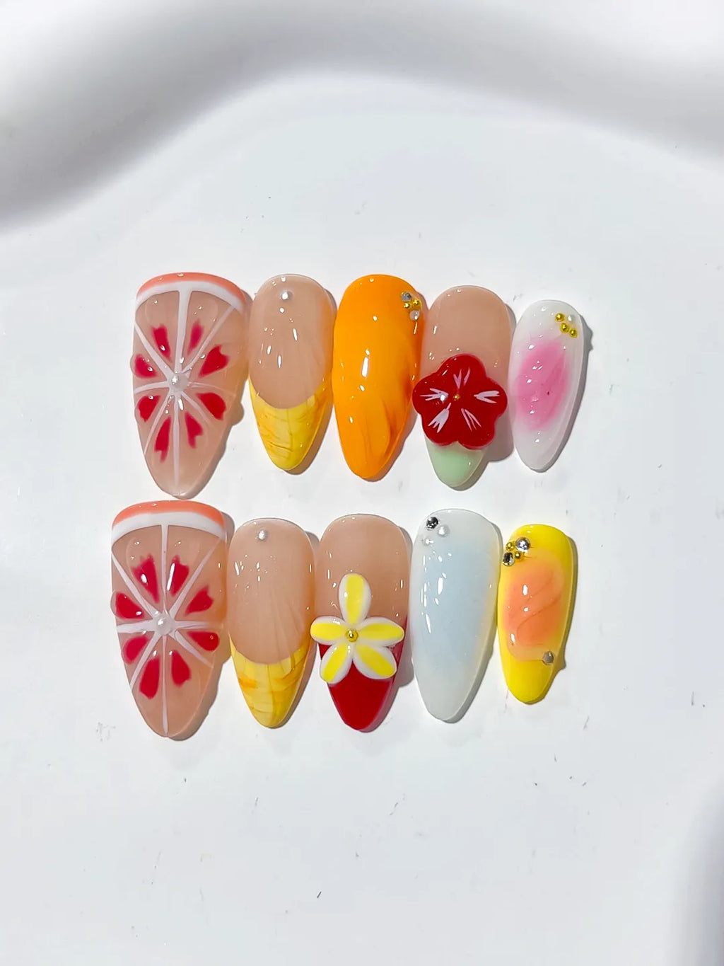 Nude Orange Pink Yellow Blue Abstract Flower Citrus press on nails close up