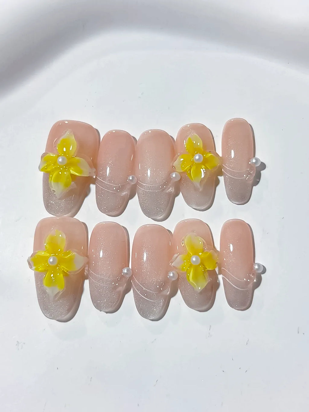 Nude Yellow Solid color Flower Pearl Line press on nails detail view