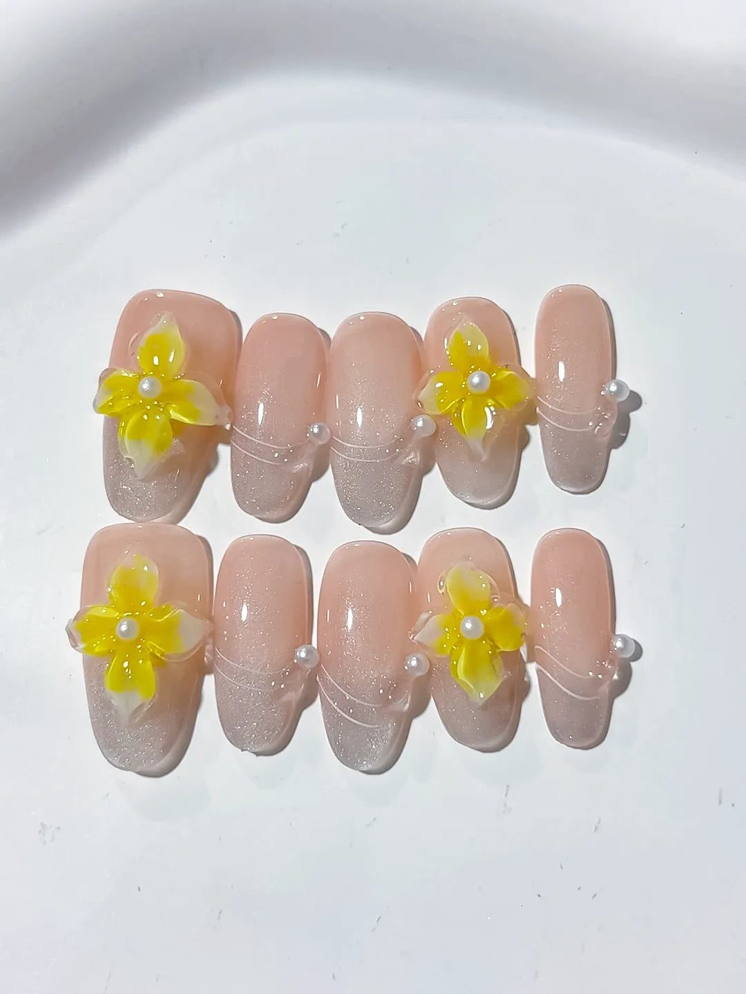 Nude Yellow Solid color Flower Pearl Line press on nails detail view