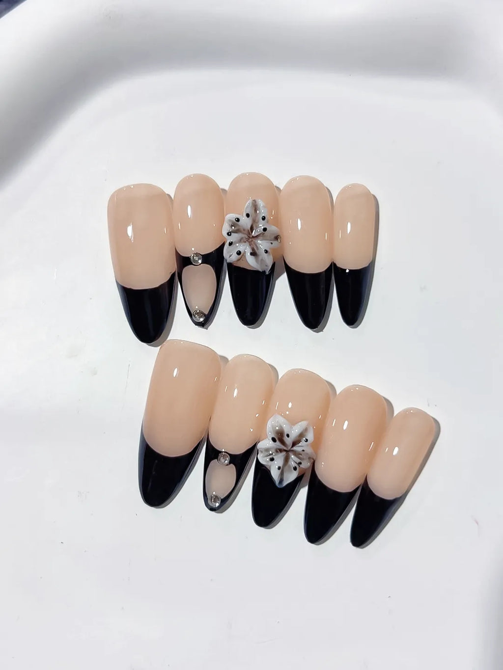 Nude Black White French tip Flower Rhinestone press on nails close up