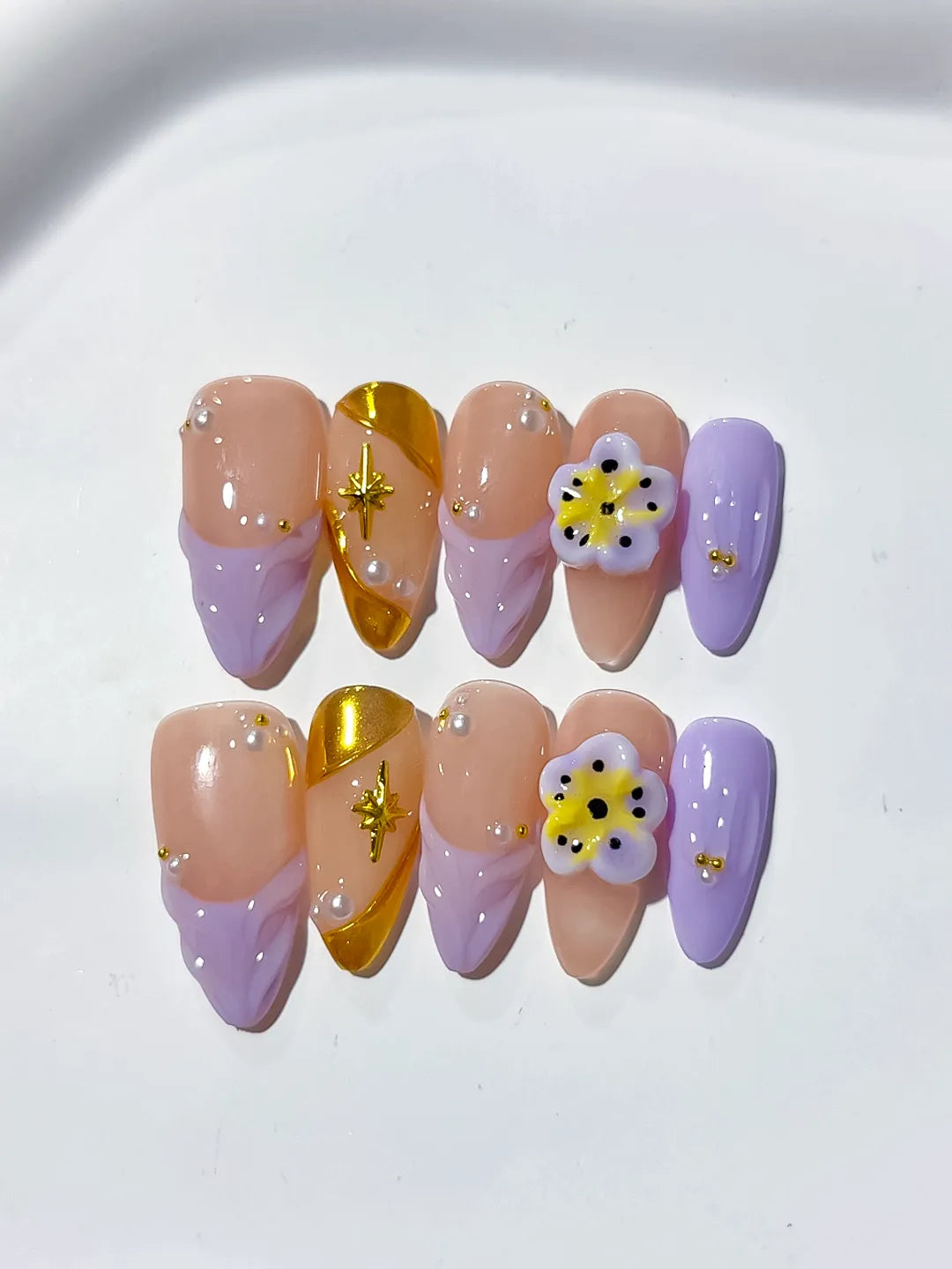 Nude Gold Purple French tip Flower Star press on nails detail view
