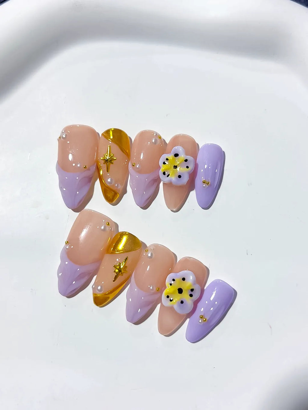 Nude Gold Purple French tip Flower Star press on nails detail view