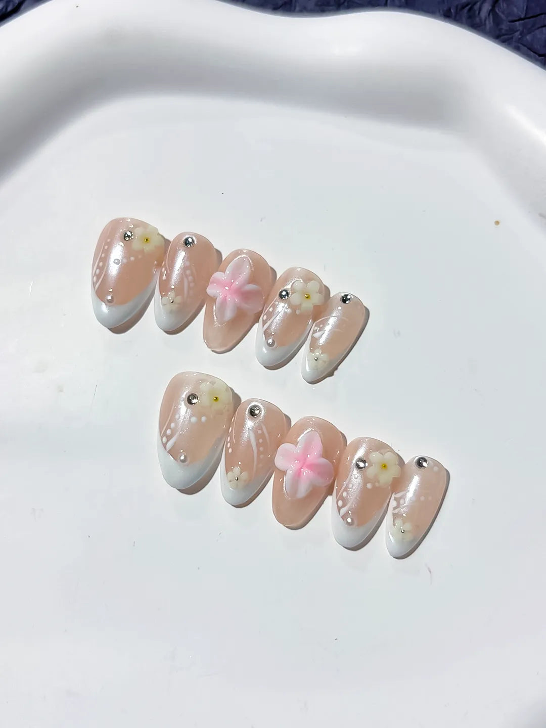 Nude White Pink French tip Flower Pearl press on nails close up