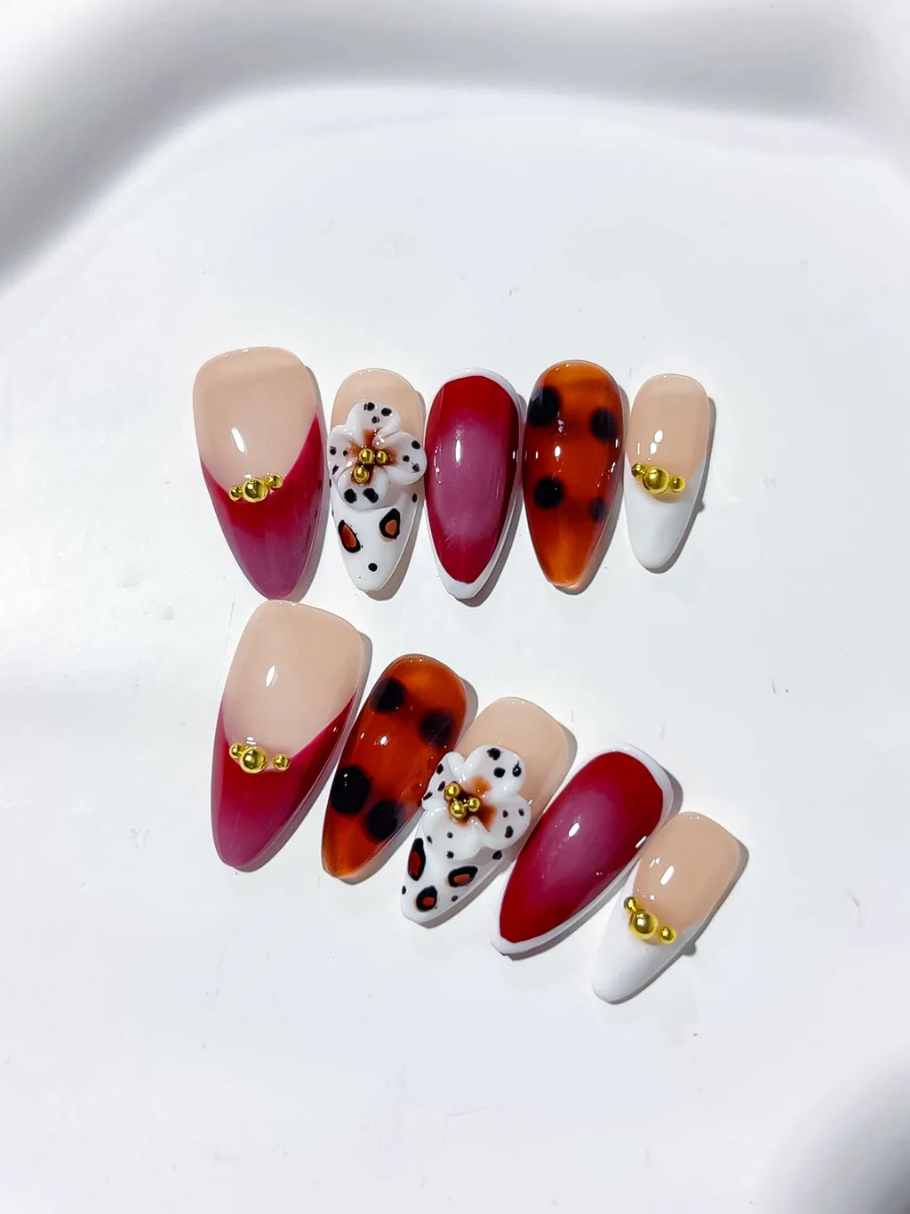 Red Black White Abstract Flower Animal Print press on nails detail view
