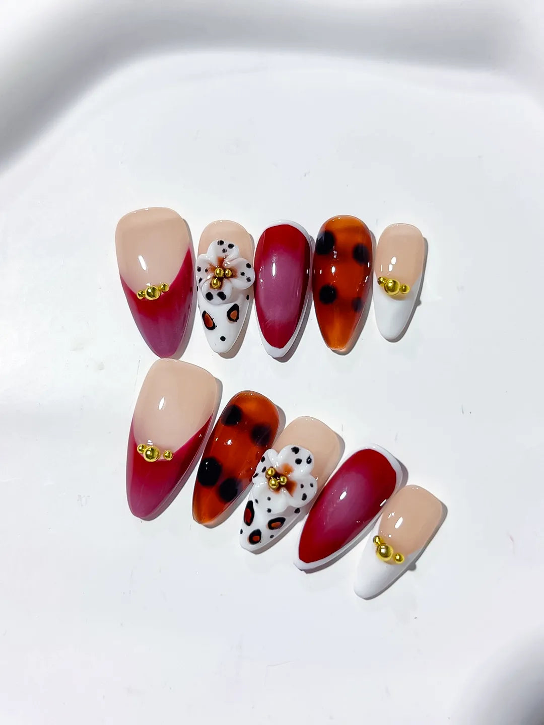 Red Black White Abstract Flower Animal Print press on nails detail view