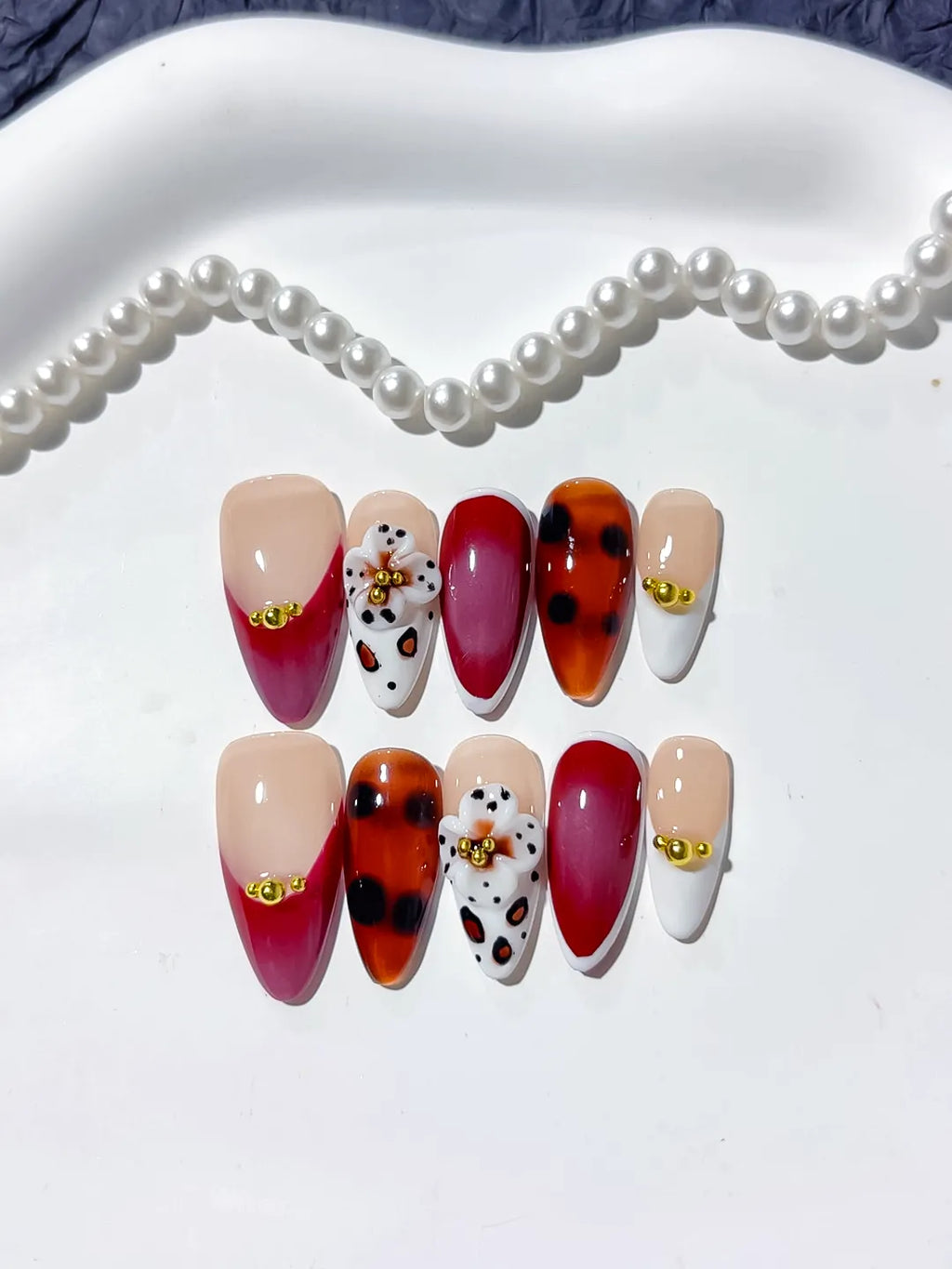 Red Black White Abstract Flower Animal Print press on nails close up