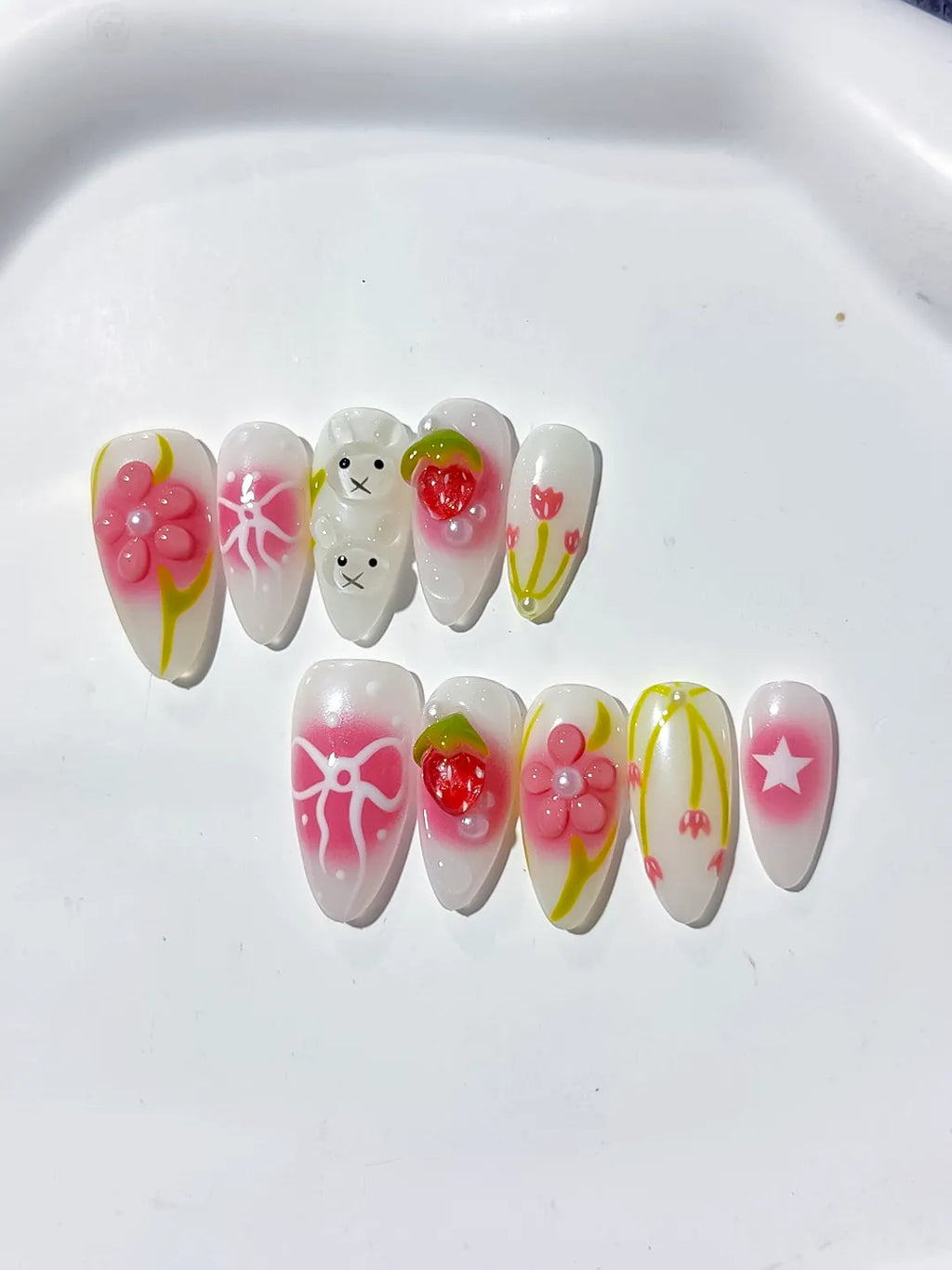 White Pink Abstract Strawberry Bow Tulip Star press on nails close up