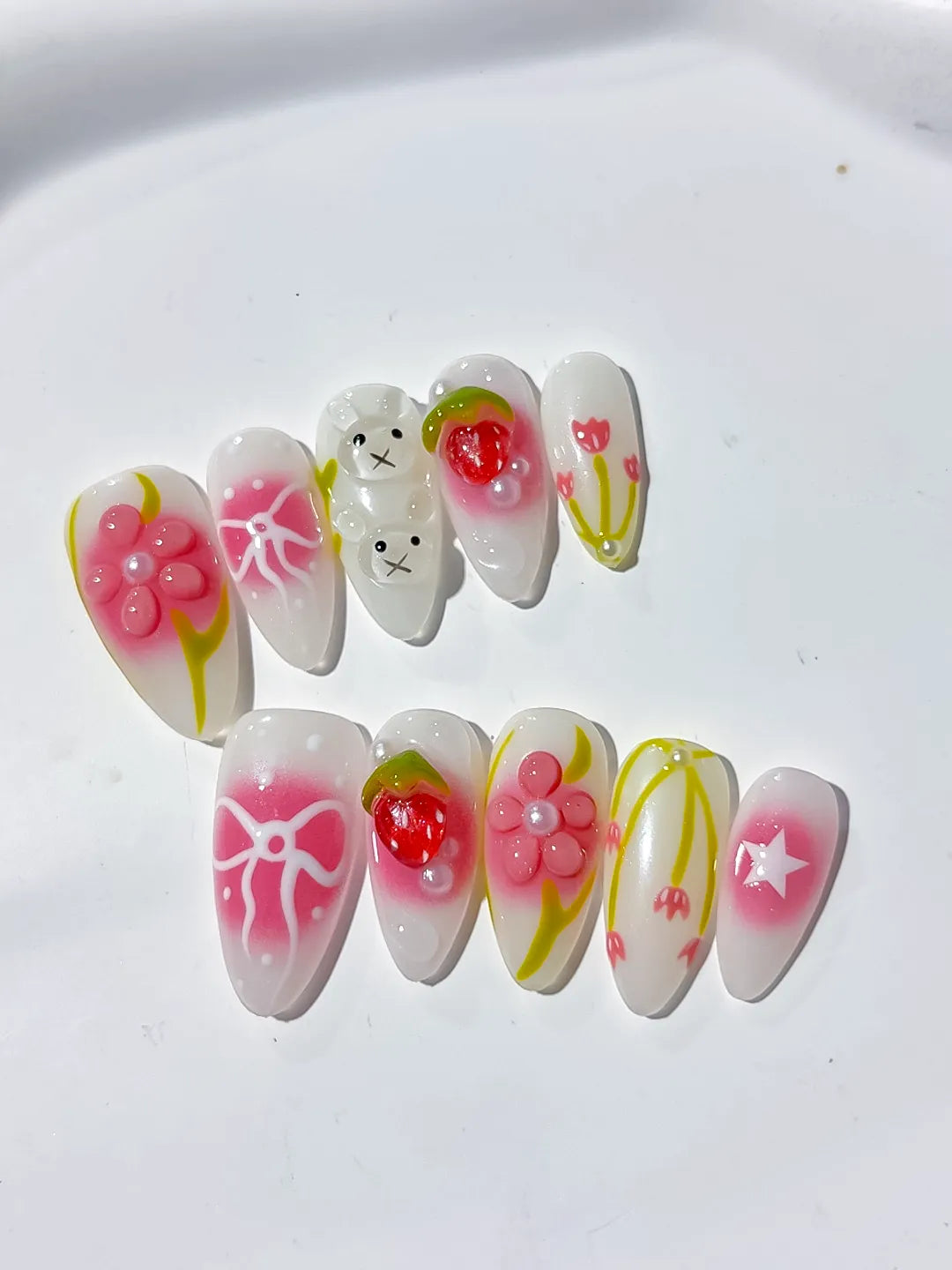 White Pink Abstract Strawberry Bow Tulip Star press on nails detail view