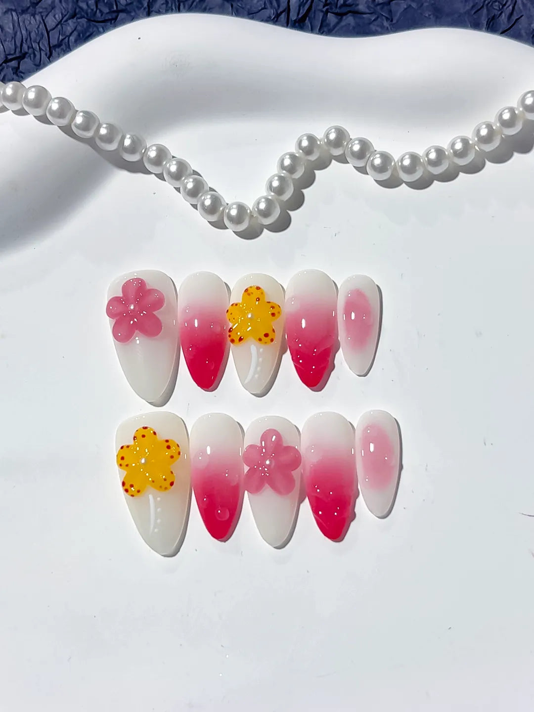 White Pink Ombre Flower press on nails close up