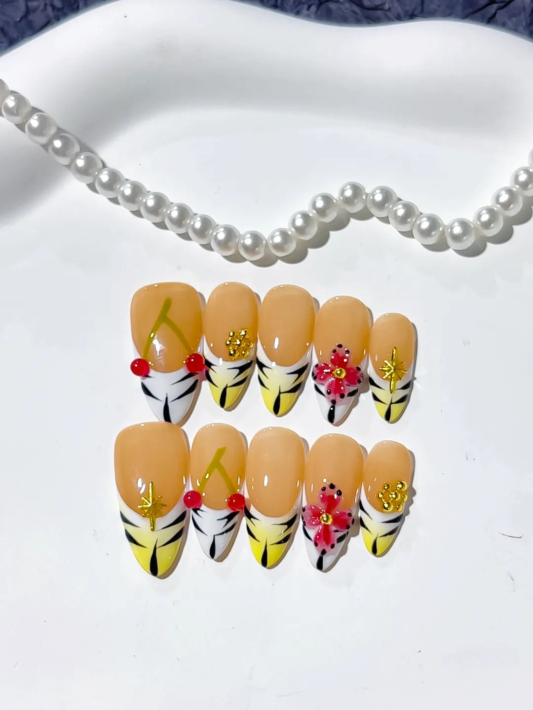 Nude Yellow White French tip Cherry Flower Star press on nails detail view