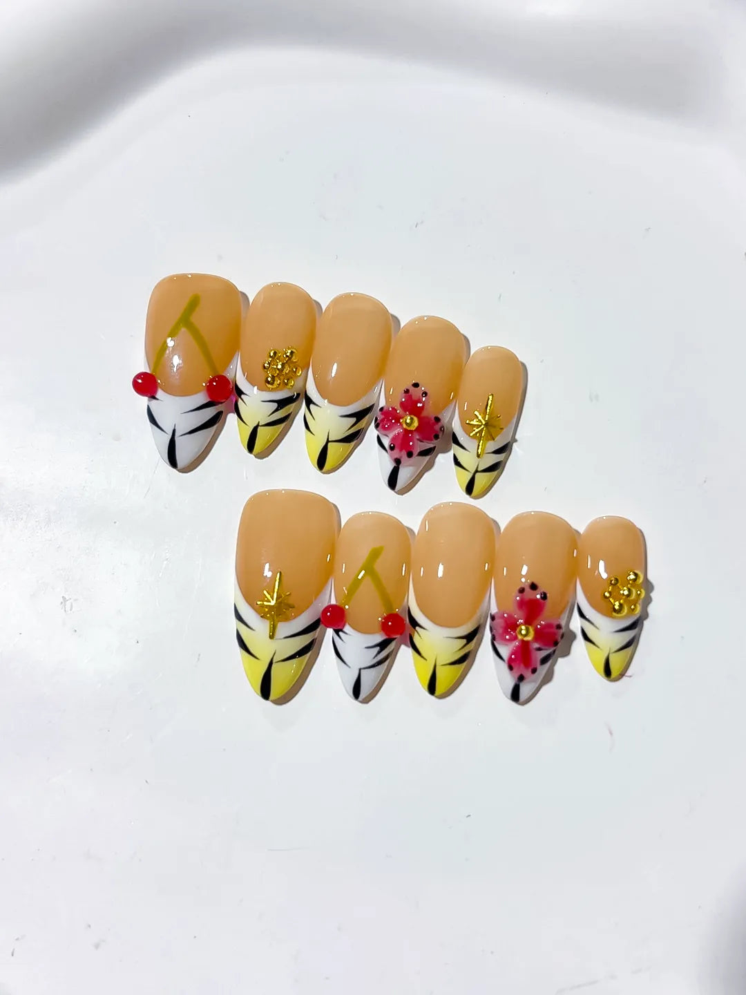 Nude Yellow White French tip Cherry Flower Star press on nails close up