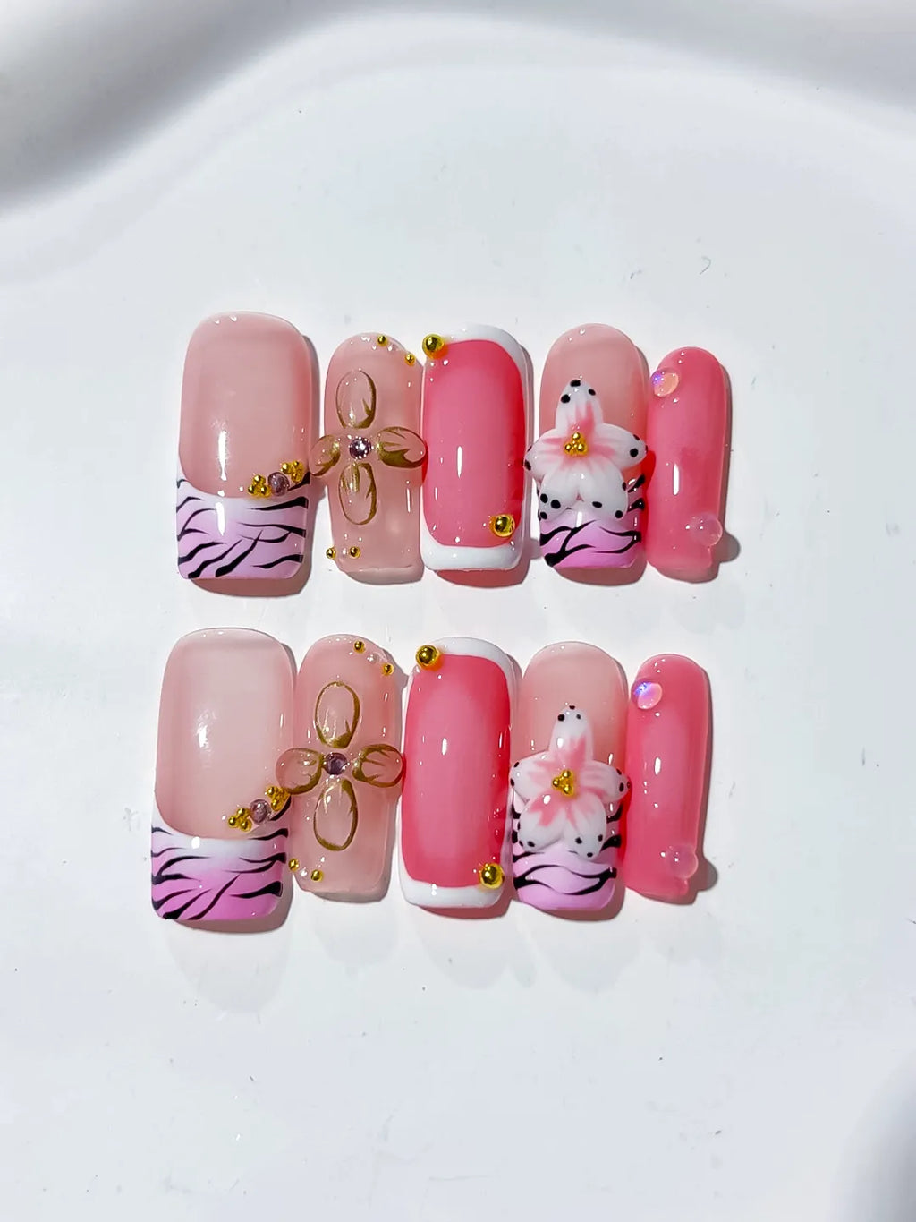 Pink Black Gold Abstract Bow Animal Print Flower press on nails detail view