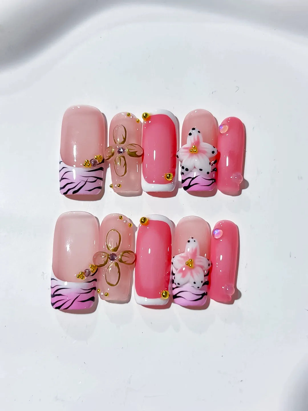 Pink Black Gold Abstract Bow Animal Print Flower press on nails detail view