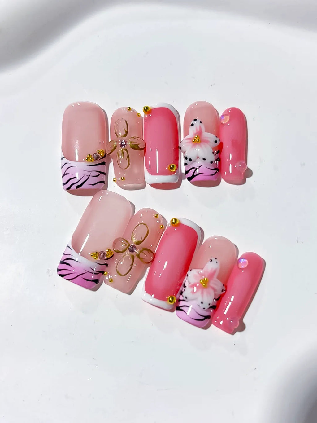 Pink Black Gold Abstract Bow Animal Print Flower press on nails close up