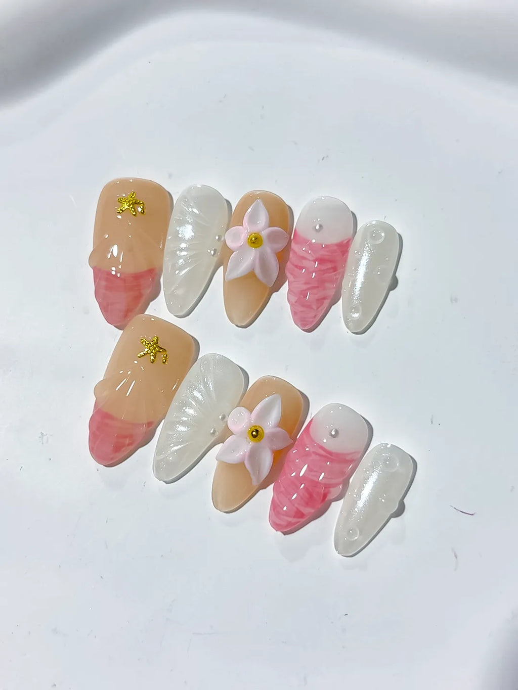 Nude Pink White Abstract Flower Star press on nails detail view