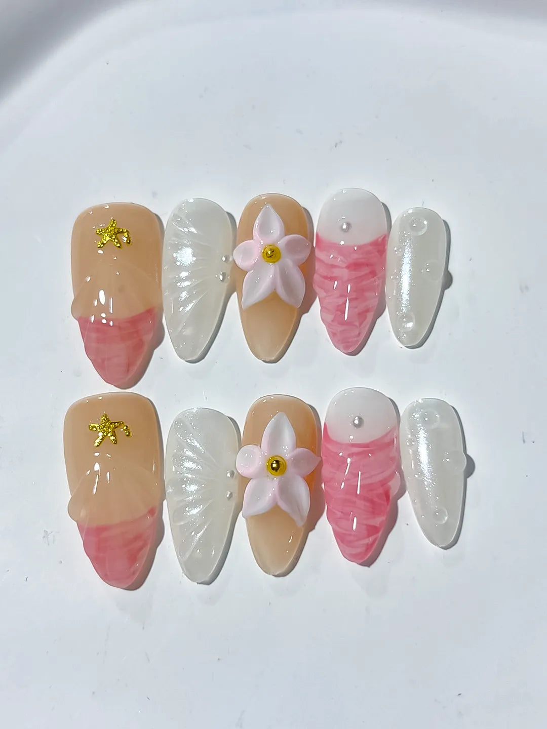 Nude Pink White Abstract Flower Star press on nails detail view
