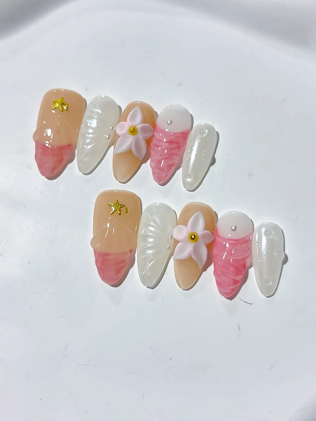 Nude Pink White Abstract Flower Star press on nails close up