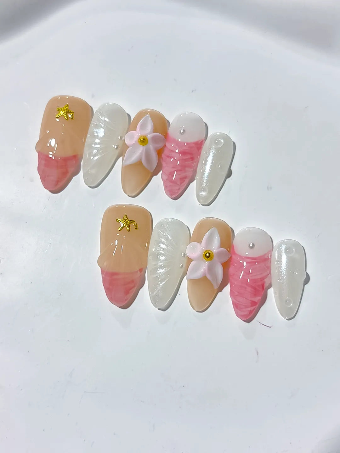 Nude Pink White Abstract Flower Star press on nails close up