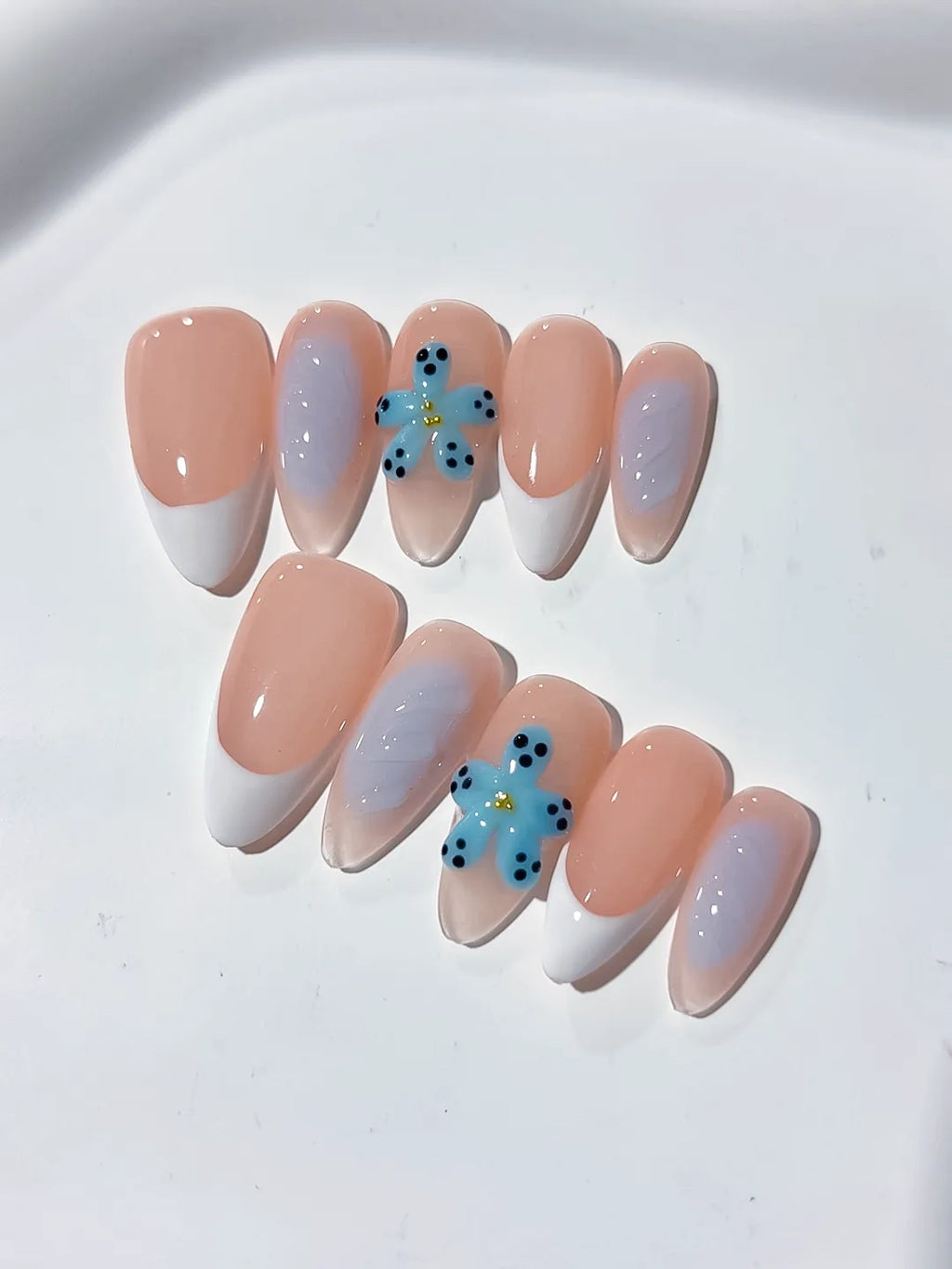Nude White French tip Flower press on nails detail view