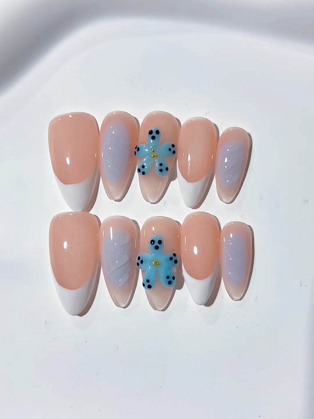 Nude White French tip Flower press on nails detail view