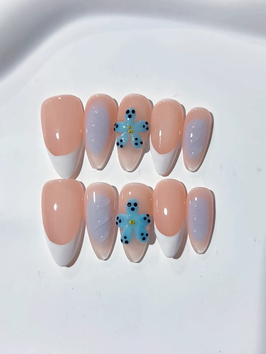 Nude White French tip Flower press on nails detail view