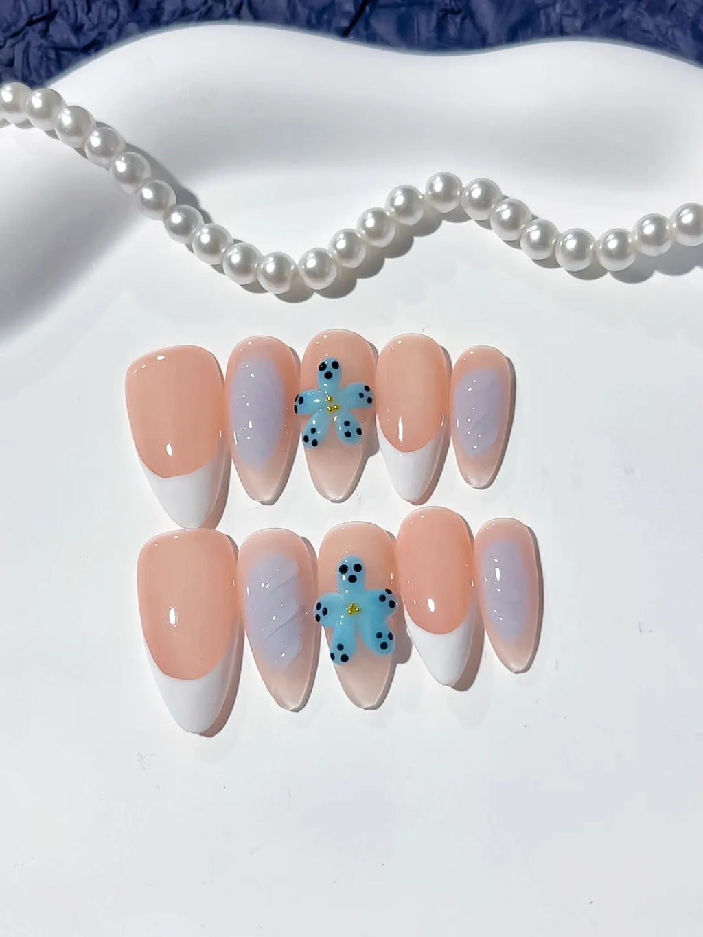 Nude White French tip Flower press on nails detail view