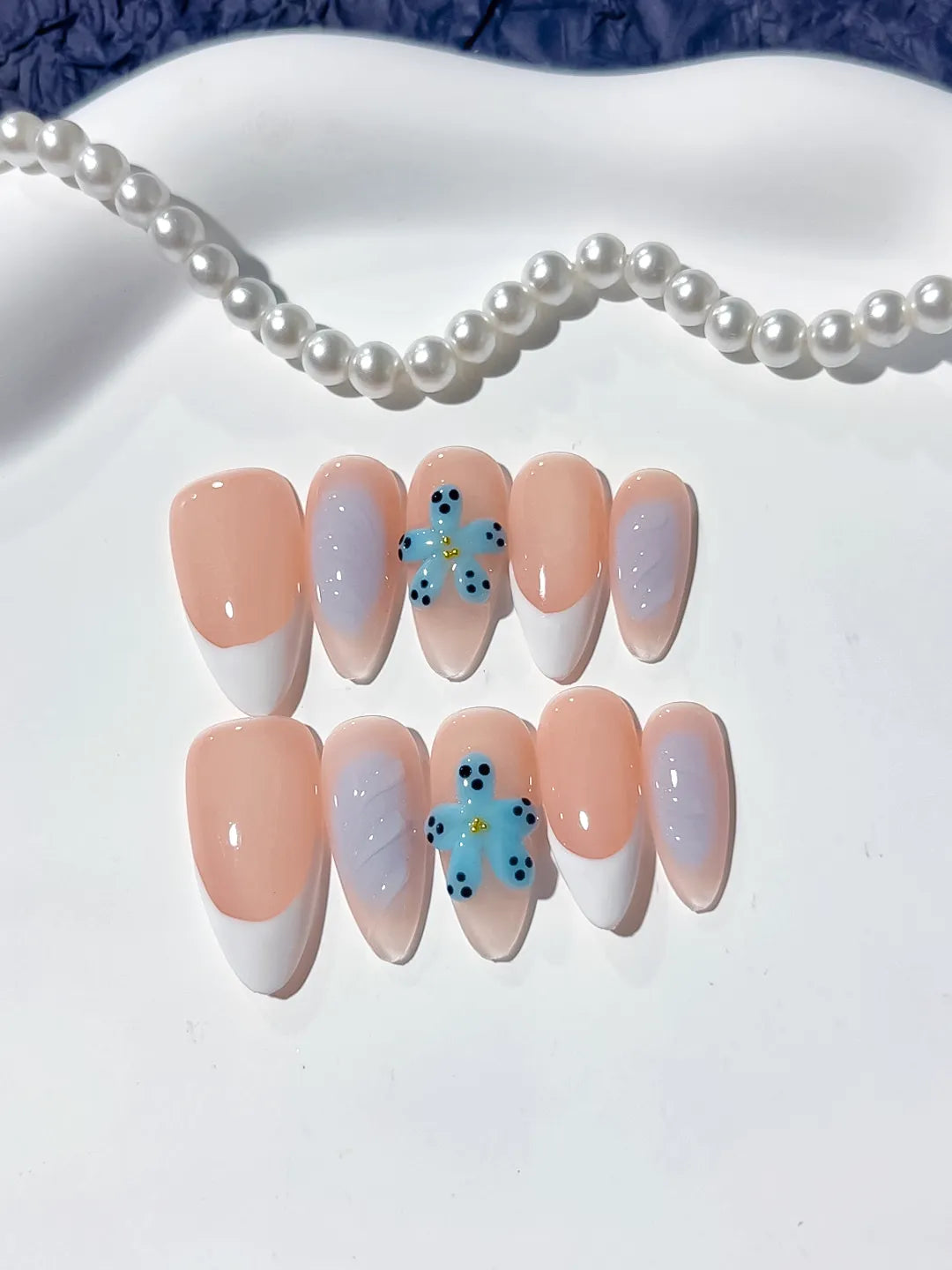 Nude White French tip Flower press on nails detail view