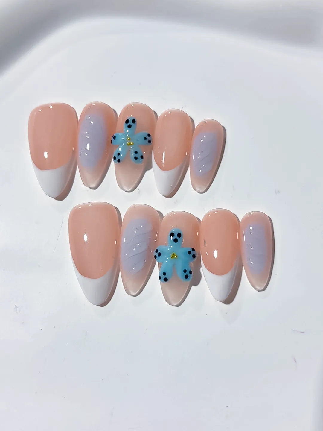 Nude White French tip Flower press on nails close up