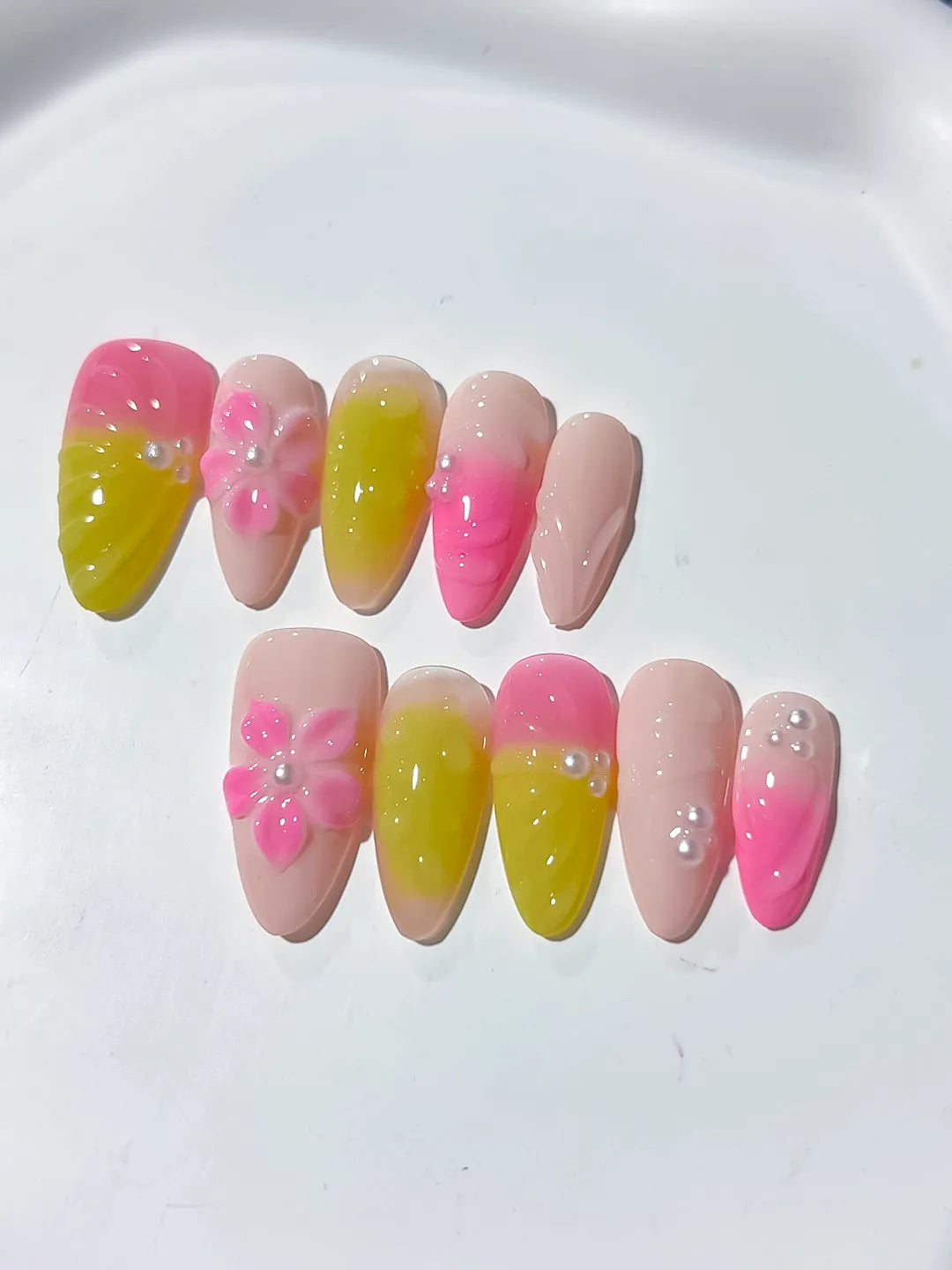 Pink Yellow Ombre Flower press on nails close up