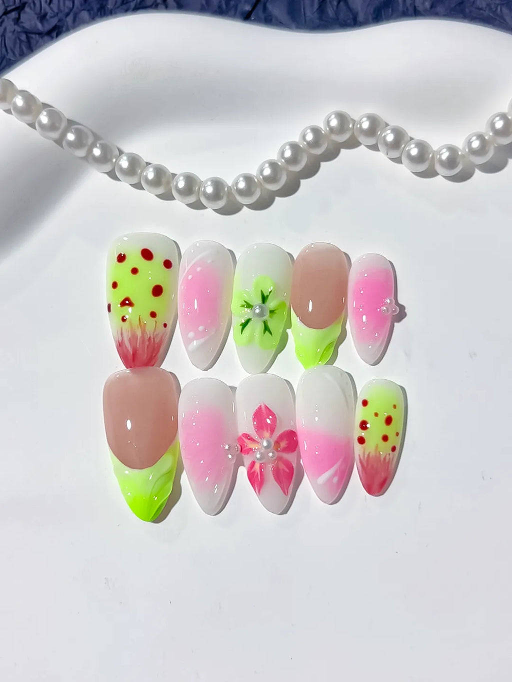 Nude Pink Green Abstract Flower Dot Pattern press on nails detail view