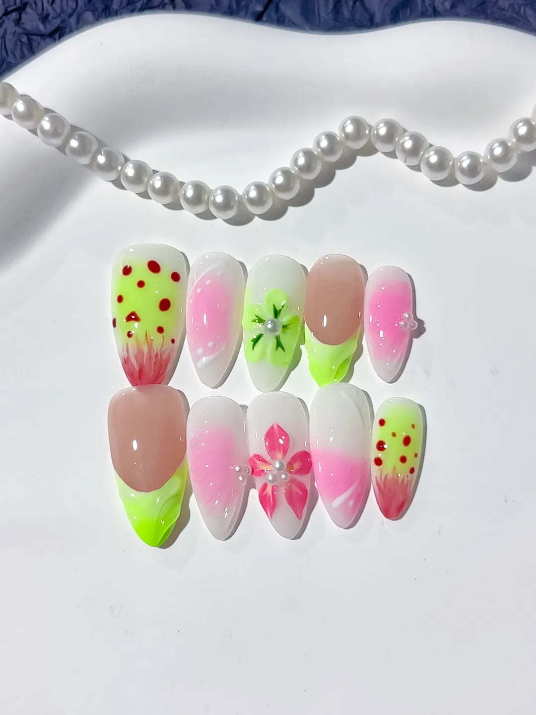 Nude Pink Green Abstract Flower Dot Pattern press on nails detail view