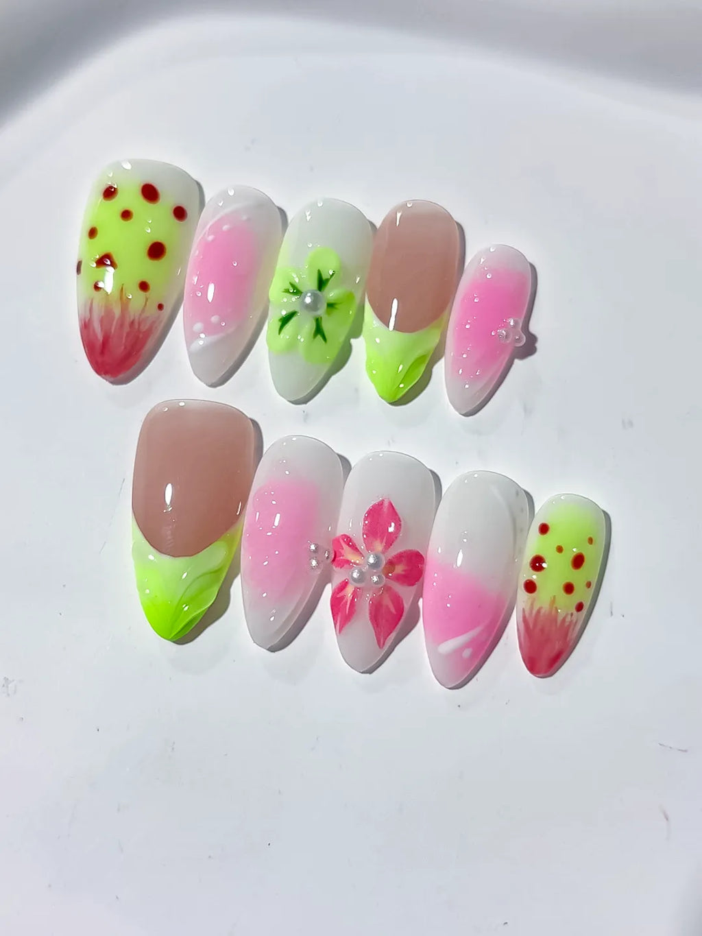 Nude Pink Green Abstract Flower Dot Pattern press on nails detail view