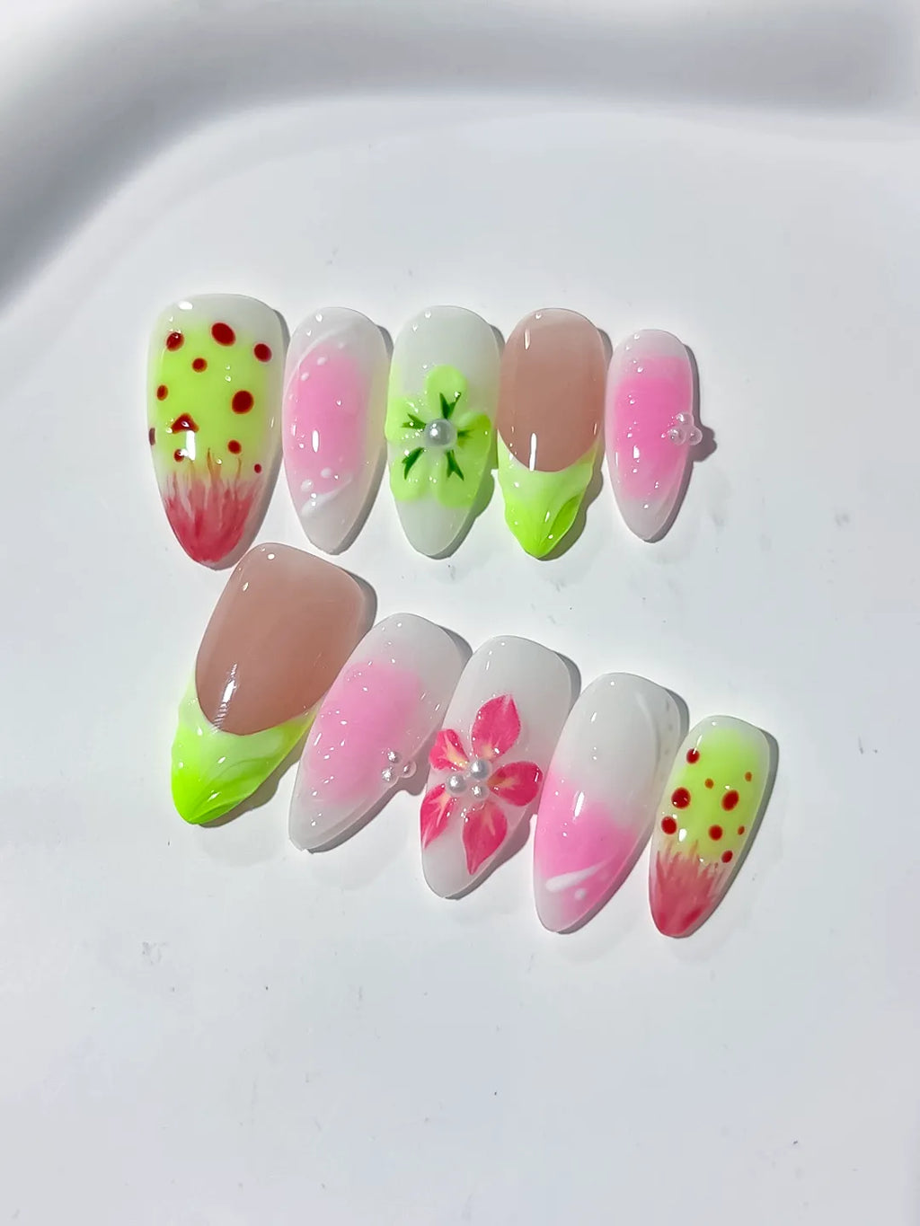 Nude Pink Green Abstract Flower Dot Pattern press on nails detail view