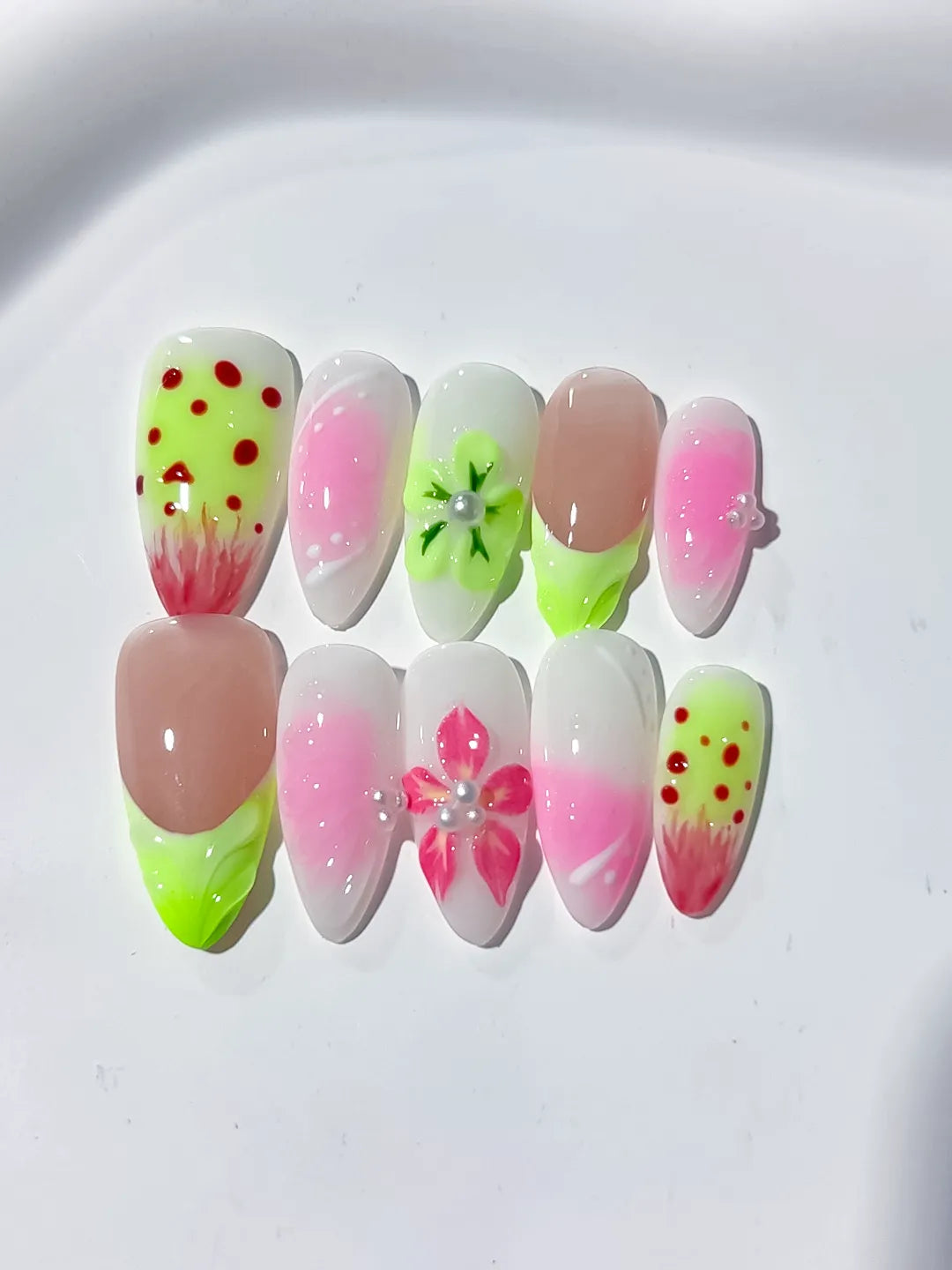 Nude Pink Green Abstract Flower Dot Pattern press on nails close up