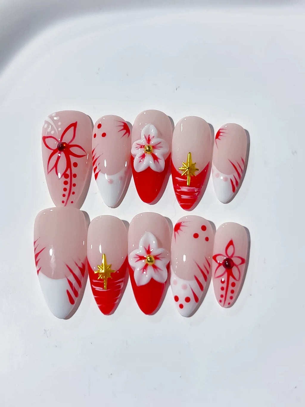 Nude White Red French tip Flower press on nails detail view