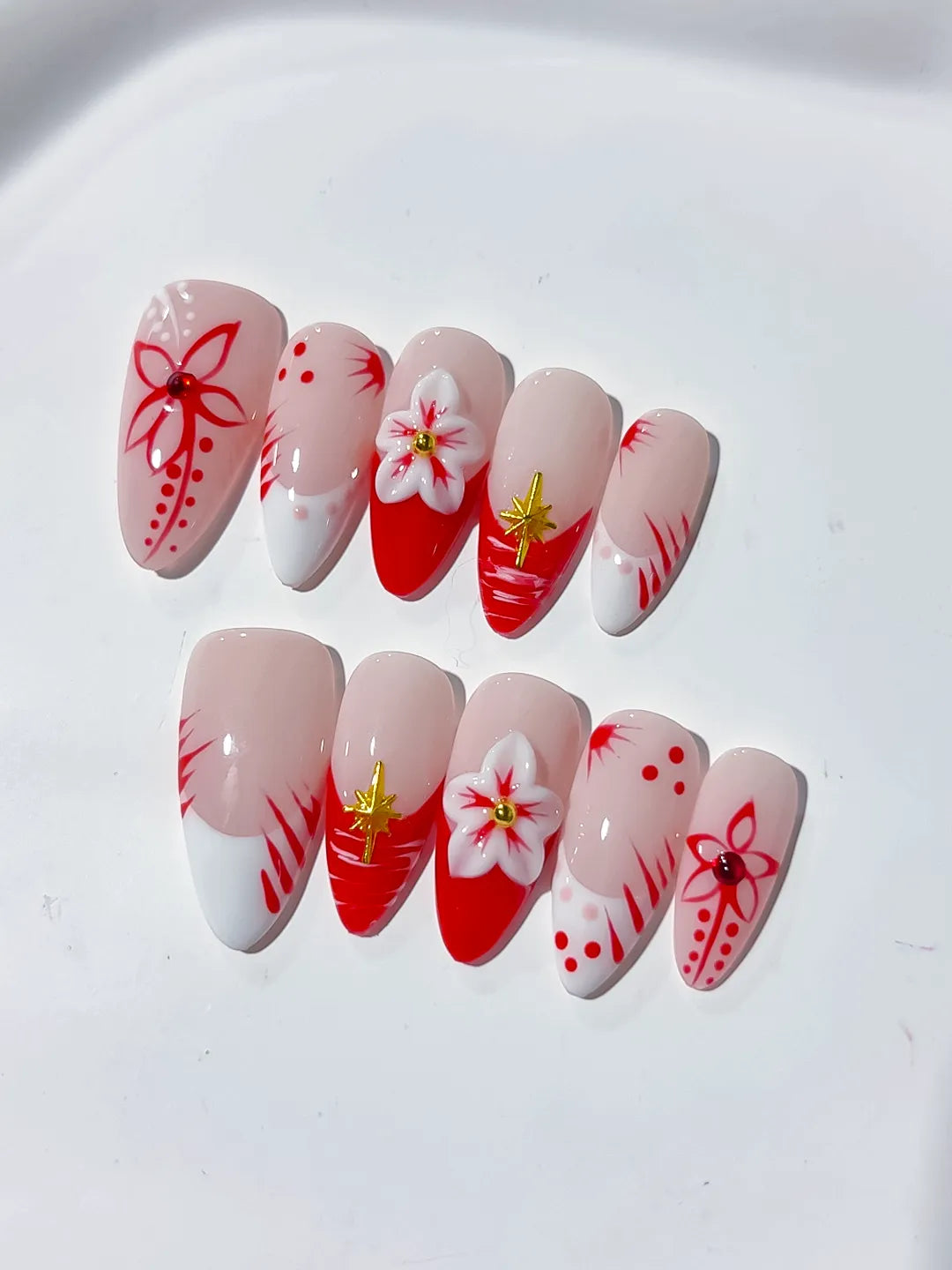 Nude White Red French tip Flower press on nails detail view