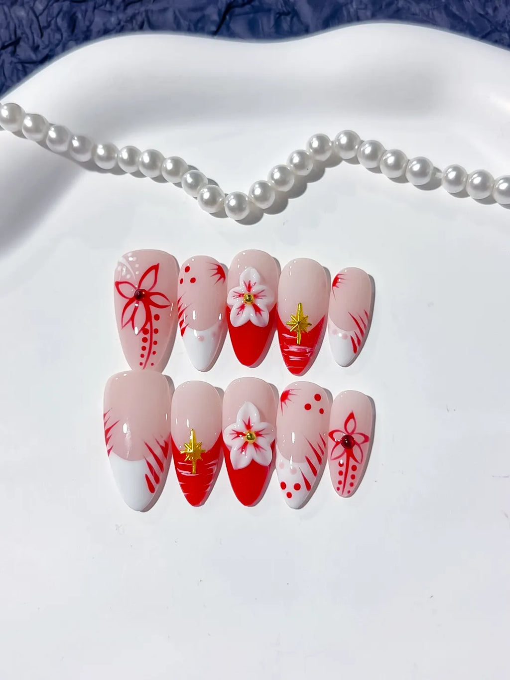 Nude White Red French tip Flower press on nails detail view